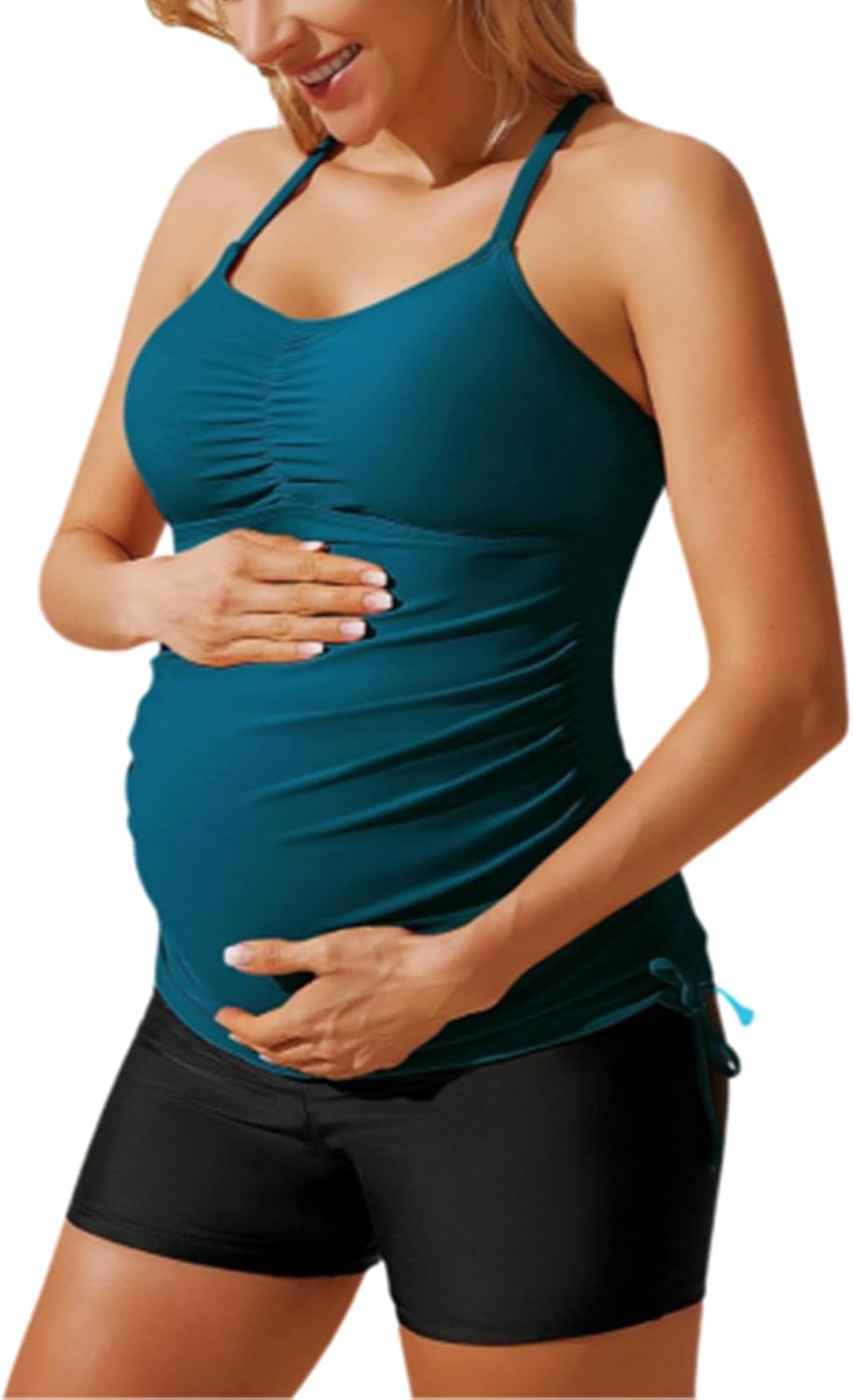 Maternity Tankini Swimsuits Strappy Drawstring 2 Pieces Floral Swimwear Peacock Blue Small