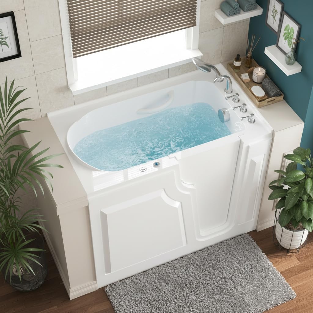 FerdY 52" x 30" Walk-in Whirlpool Bathtub with Right-Side Door Opening, 14 Air & Water Jets, Quick Fill and Drain System, Shower Combo with Rectangular Soaking Bathtub in White, Floridian