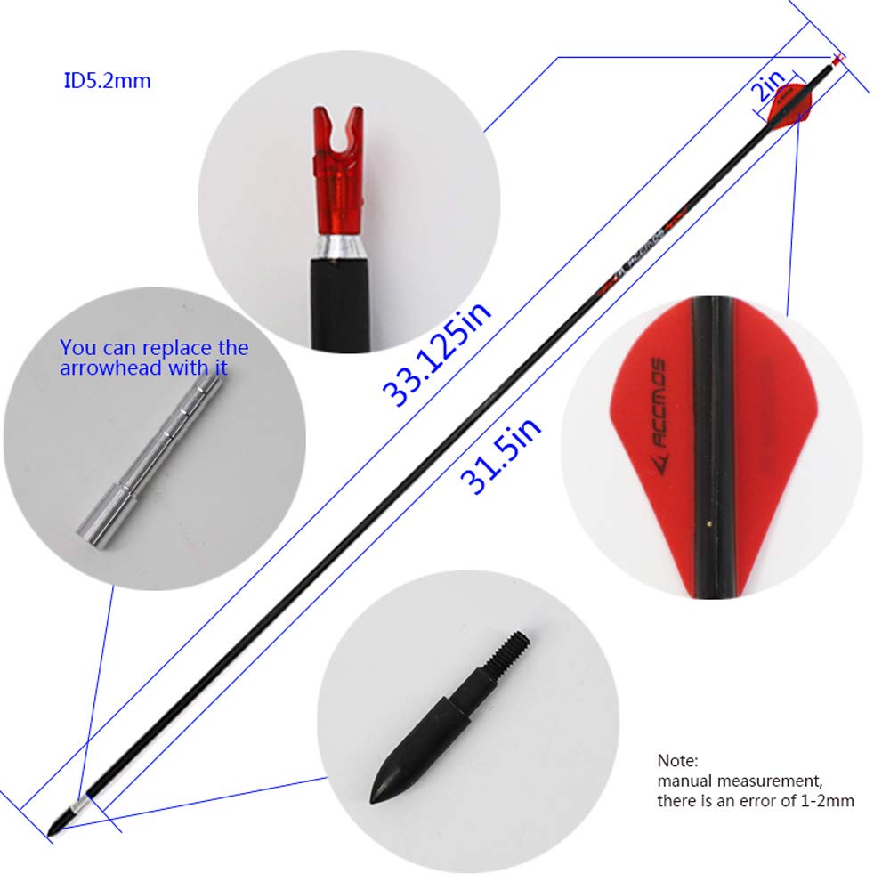 ACCMOS ID 5,2 mm Spine 300 350 400 500 600 700 Bogensport Carbonpfeil 28-31 Zoll Jagdpfeil, Schrauben Pfeilspitze, für Erwachsene Jugend Pfeil und Bogen Schießen 12 Stück