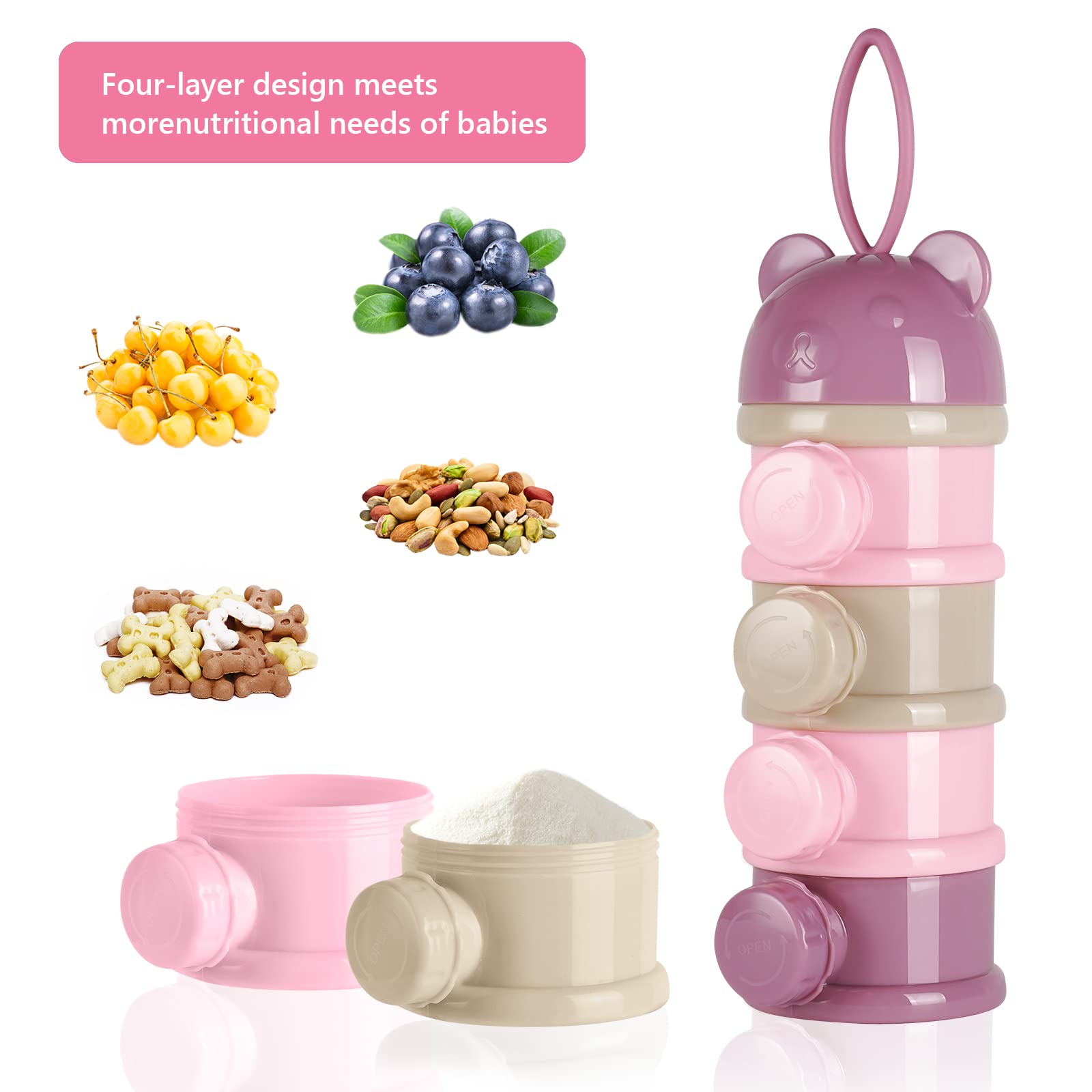 Vicloon Dosatore per Latte in Polvere, Dispenser di Latte in Polvere con 4 Scomparti, Impilabile Contenitore Spuntino e Dosalatte in in Polvere per Viaggio, Cereali, Frutta (Rosa)