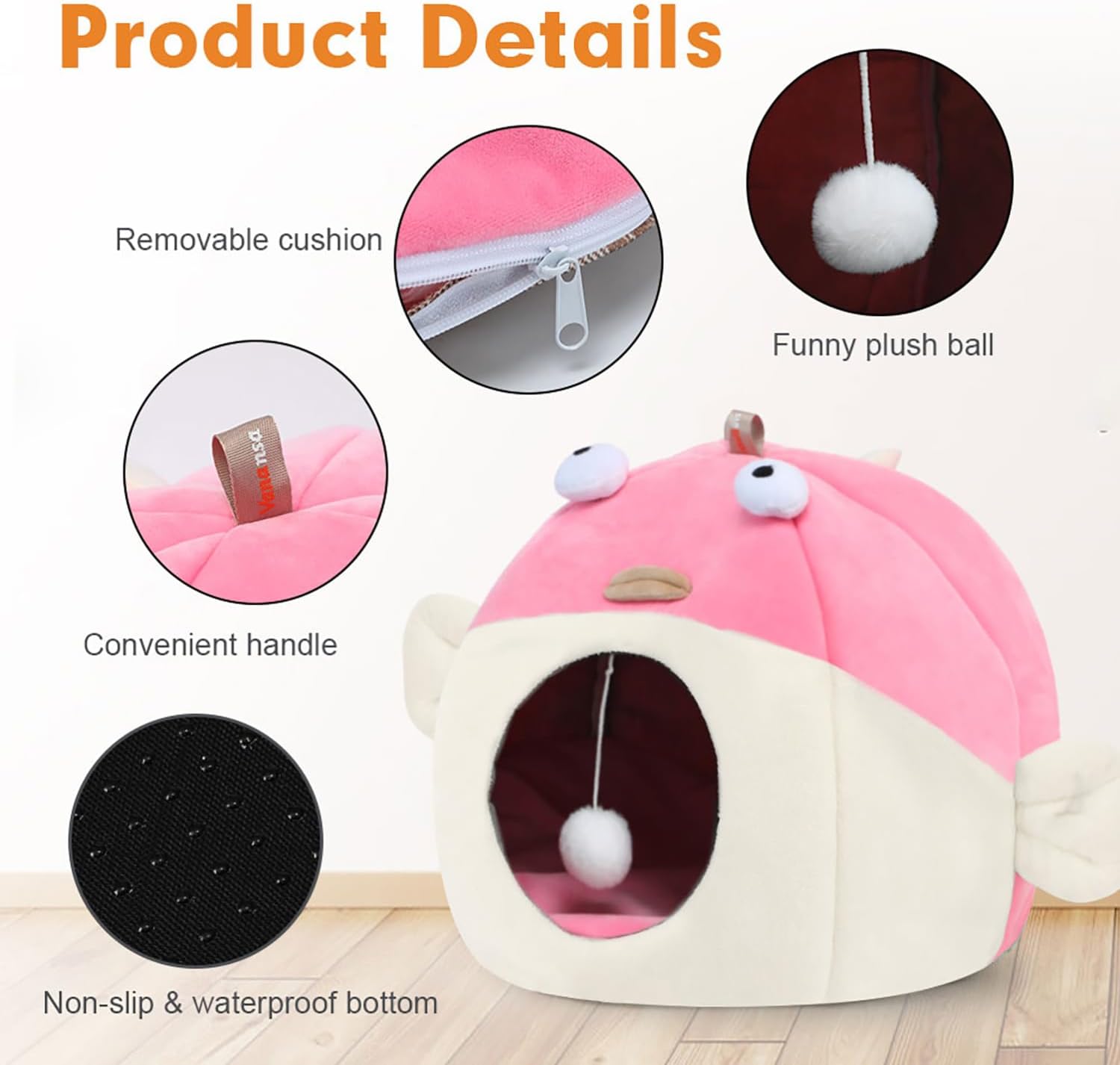 review Vanansa Cat Bed for Indoor Cats, Large Covered Cat Bed with Anti-Scratch Lining, Ultra Soft Cat Hideaway, Warm Cute Cat House with Hanging Toy, Pet Bed for Large Cats, Puppy Dog 9-13LB (L, 18