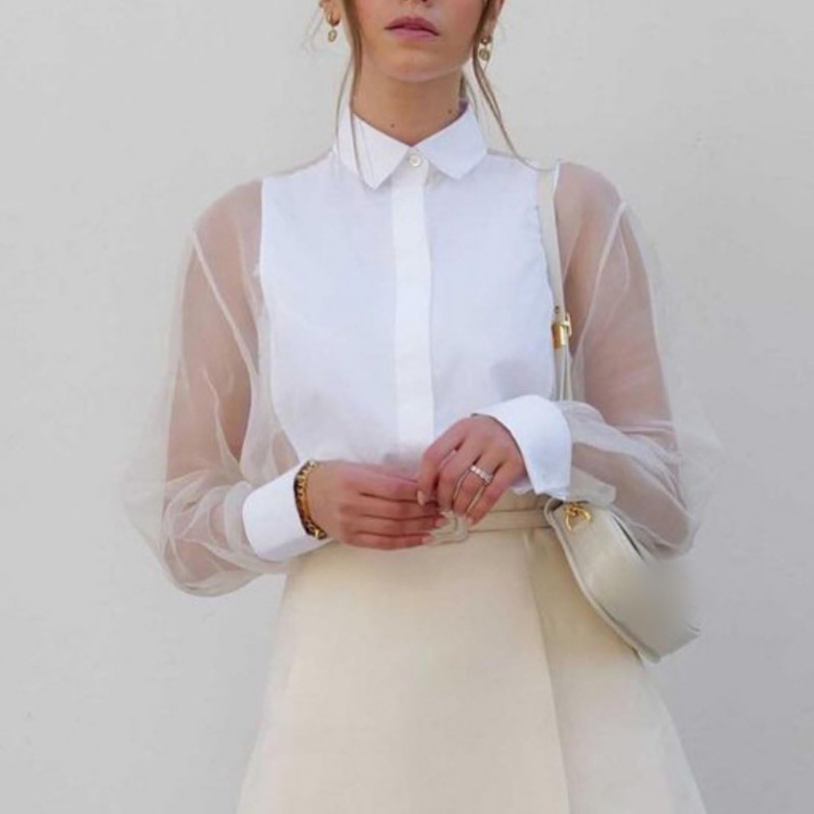 Elegante Camicetta Patchwork Bianca Da Donna Manica Lunga Pura Risvolto Camicie Formali Top