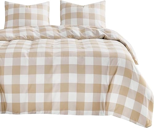 Wake In Cloud - Juego de edredón a cuadros, cuadros cuadriculados Cottagecore lindo geométrico, ropa de cama suave y ligera, 3 piezas, beige, tamaño