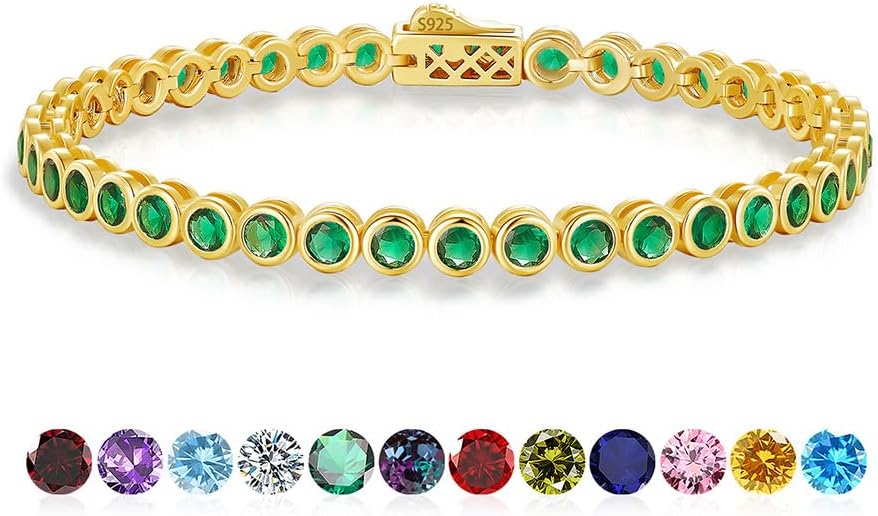 Birthstone Tennis Bracelets for Women, 925 Sterling Silver 14K Gold Plated Bracelet 4mm Round Cubic Zirconia Bezel Setting, jewelry Gift for Women Mom Wife Her on Anniversary Birthday, 7 Inch