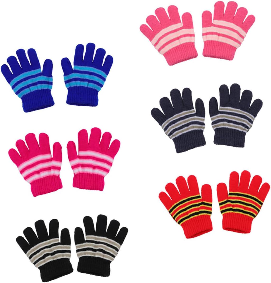 6 Pairs Knitted Winter Gloves Warm Full Finger Mittens for Boys Age Soft Stripe Design Cozy Cold Weather Protection Random Color