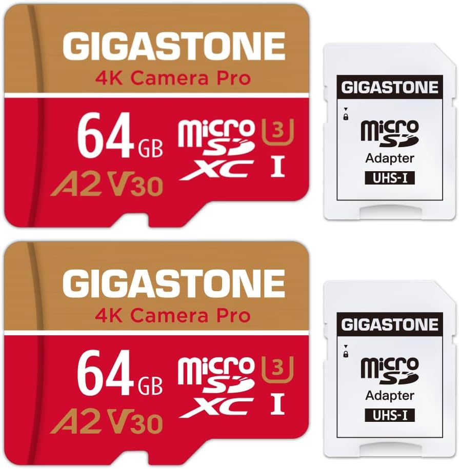 Gigastone 64GB Memory Card 2 Pack 4K Pro Camera Compatible with GoPro Switch Speed 95MB/s A2 U3 V30 Micro SDXC Card with SD Adapter