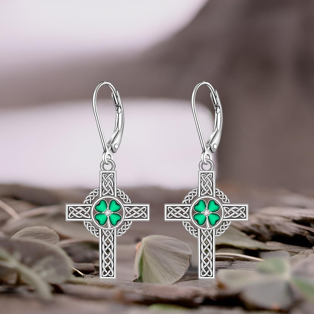 St Patricks Day Earrings Shamrock Earrings for Women Cross Celtic Knot Irish Four Leaf Clover Sterling Silver Dangle Shamrock Gifts - Image 7