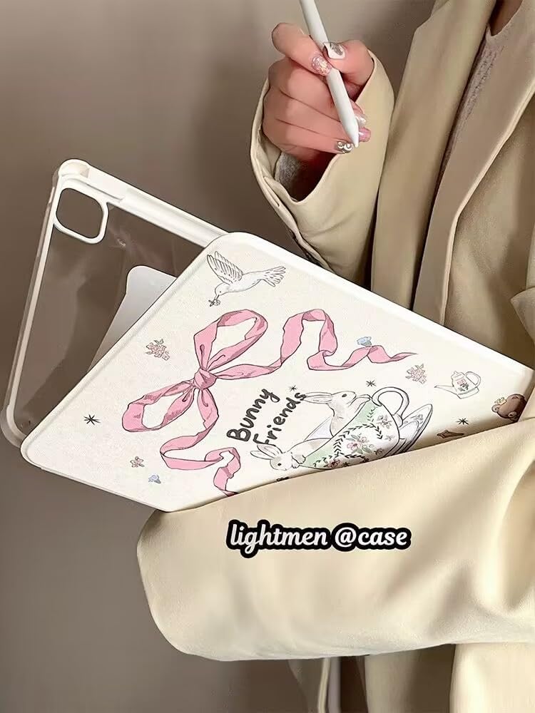Triple Adjustable Kickstand Hard Folio Case for Apple iPad Pro 12.9 Inch 2021 Model Tablet Bunny Bear Bow Cute Lovely Adorable Cartoon Protective Girls Kids
