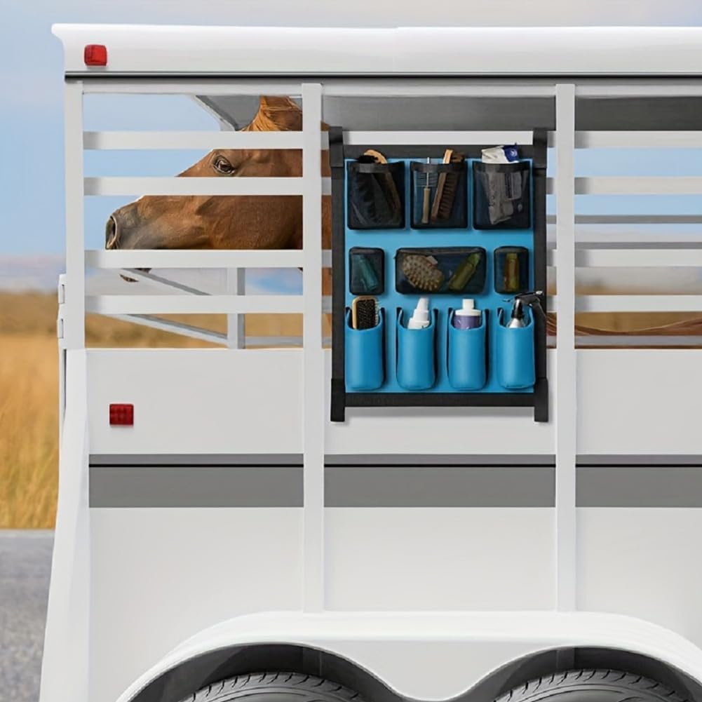 Large Capacity Horse Trailer Organizer, Hanging Polyester Horse Tack Storage Bag, Multi-Pocket Trailer Door Caddy for Horse Brush Comb Bottle Stall Tack Room Supplies