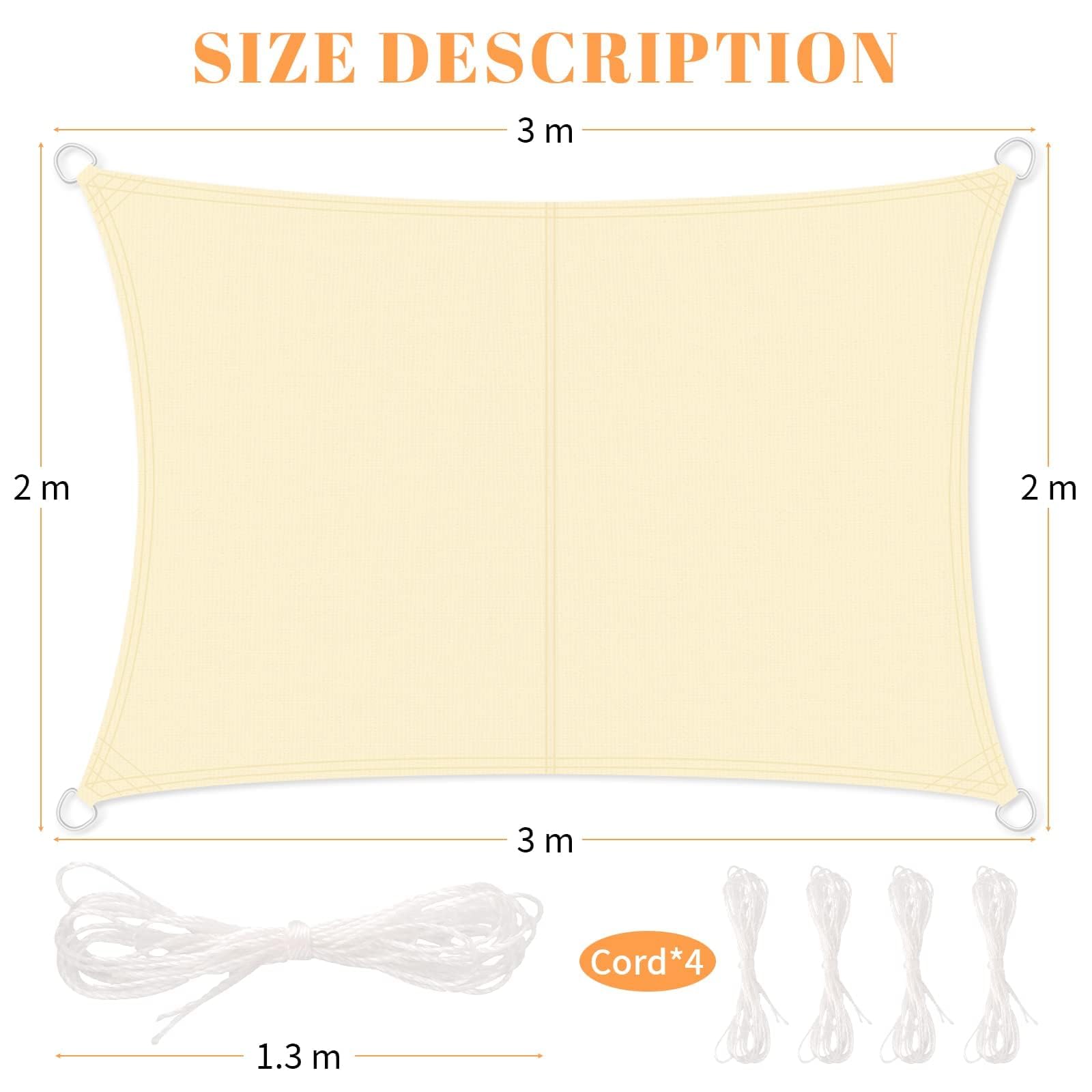 MAILLARD Żagiel przeciwsłoneczny 2 x 3 m, kwadratowy, chroniący przed słońcem, HDPE, odporny na rozdarcia, wiatroodporny, odporny na promieniowanie UV, oddychający, z linką,do ogrodów