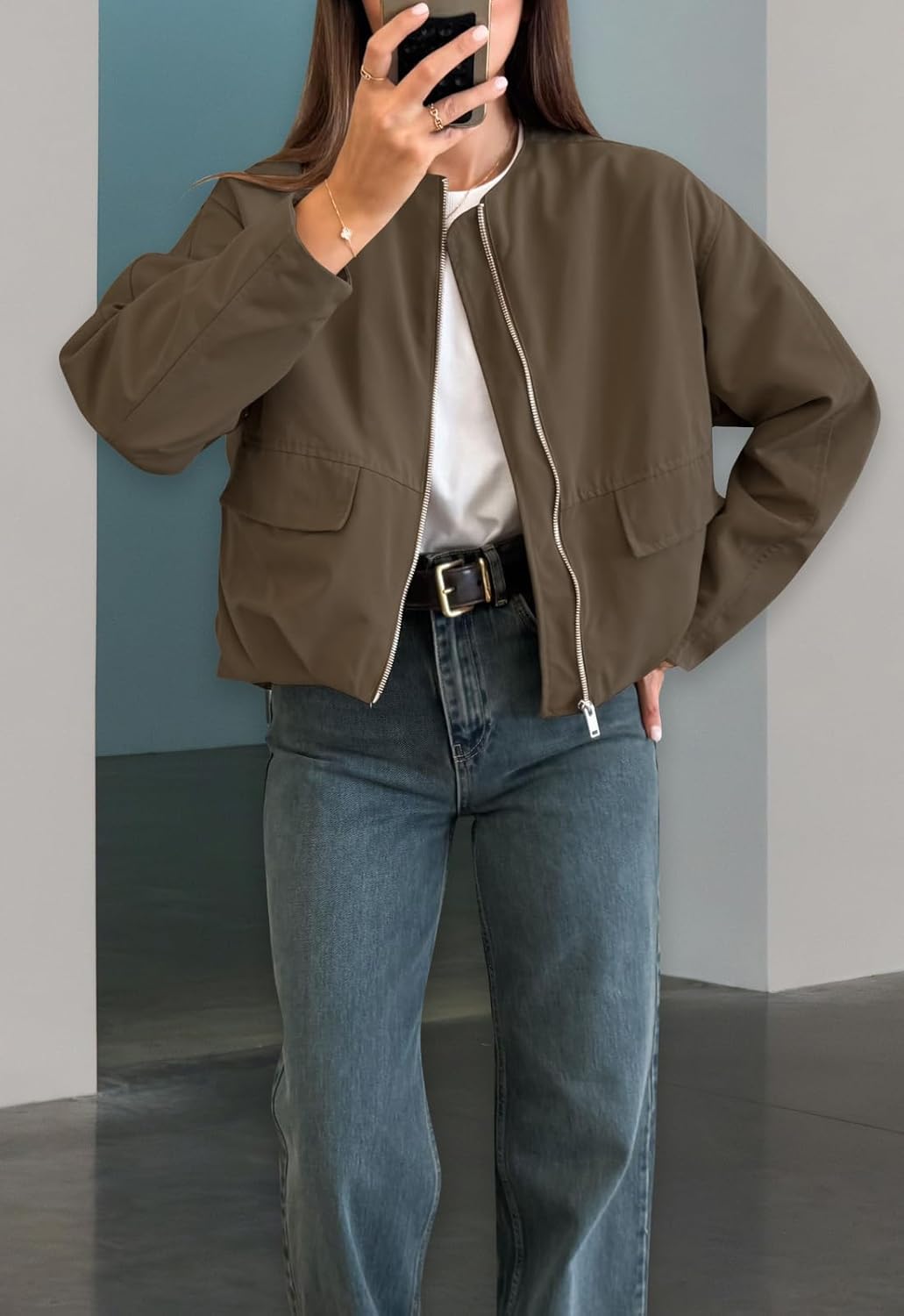 Women's Casual Bomber Jacket Round Neckline Long Sleeve Pockets Gathered Hem Coat - Image 4