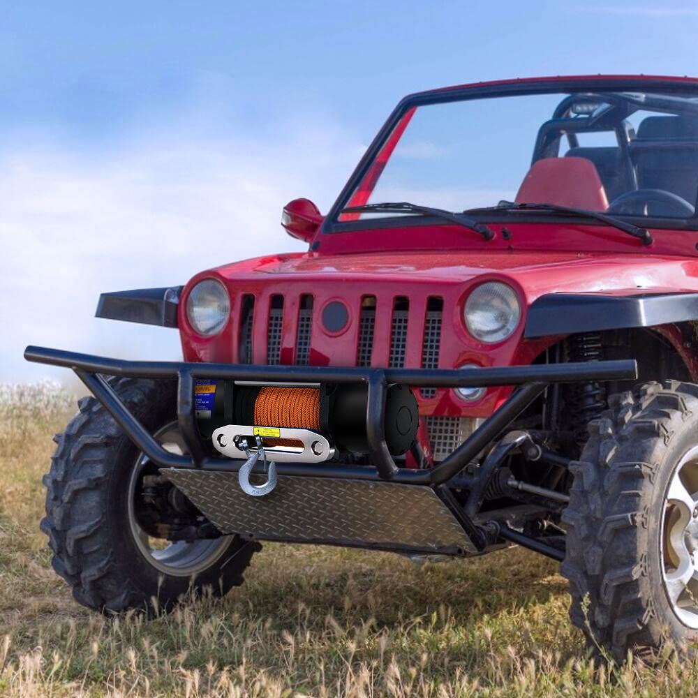 Anbull Elektrische Seilwinde 12V IP67 4500 LBS/2045 Kg Synthetikseil 15m | 2x Funkfernbedienung 1x Kabelfernbedienung, Motorwinde Seilzug, Mit Montagehalterung, Kompatibel mit ATV UTV orange