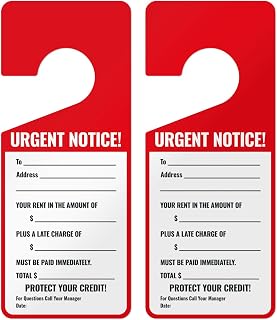 Urgent Notice Your Rent Plus Late Charge Must Be Paid Immediately Hanging Door Tag, (2 Pack) 9x3 Inches, Thick HDPS (high Density polystyrene), Made in USA by Sigo Signs