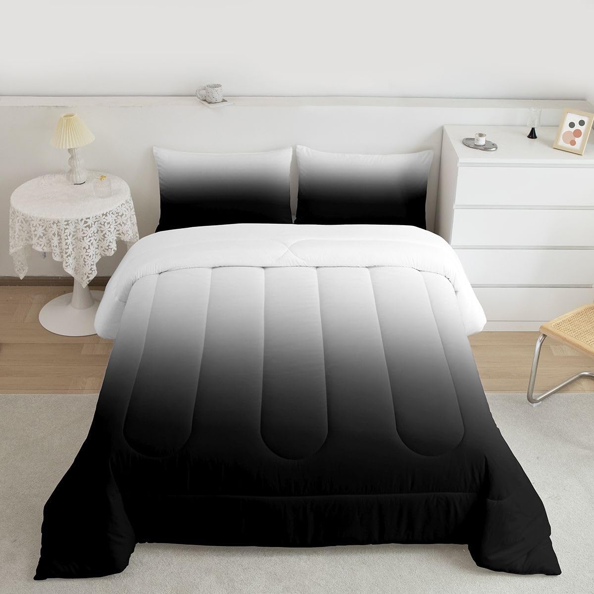Feelyou Ombre Comforter Set Ombre Effects Bedding Sets Kids Girls Boys Gradient Black Grey White Comforter Decor Bedroom Collection 3Pcs Full Size