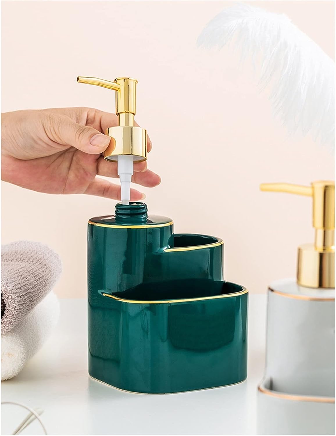 Soap Dispenser Multifunctional Grindstone Pattern Ceramic Liquid Soap Dispenser Toothbrush Dispenser Box Shampoo Lotion Home Bathroom 10.2oz Liquid soap Dispenser (Color : Green)