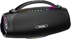 Caixa de Som Bluetooth Portátil 100W, Basike Boombox V98 com Powerbank, Bluetooth 5.3, IPX6 À Prova D'água e Resistente À Poeira, Luz RGB Surround, Tecnologia TWS, 8h de Autonomia, EQ/USB/TF/AUX