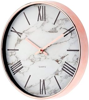 mDesign Modern Stylish Wall Clock for The Office, Bedroom, Kitchen, Bathroom, 11.5 Inch Diameter - Rose Gold Frame and Hands, Large Black Numbers on a Marble Background with a Clear Glass Cover