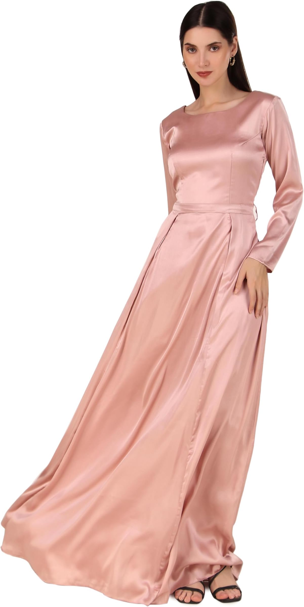 EstationeryhouseElegant Long Sleeve Satin Maxi Dress Abaya, Side Zipper, Satin, Pleated- Dupatta not Included