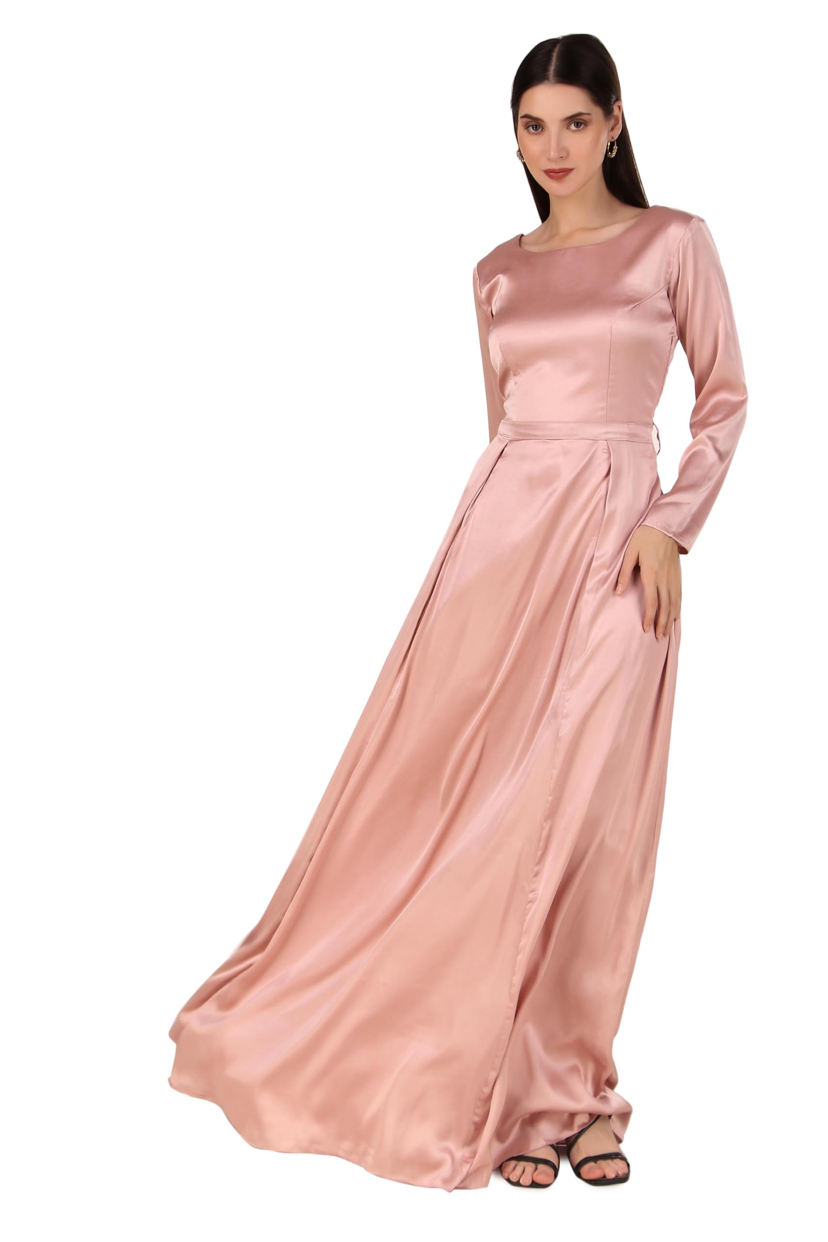 EstationeryhouseElegant Long Sleeve Satin Maxi Dress Abaya, Side Zipper, Satin, Pleated- Dupatta not Included