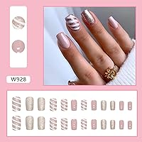 Vista 5 de Uñas postizas a presión de color rosa, uñas postizas cortas cuadradas medianas, uñas postizas con purpurina, diseño de tira de cobertura completa