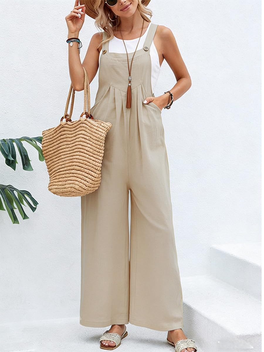 Mono Peto Suelto Mujer Verano Tirantes Finos Pierna Ancha Bolsillos Casual Color Sólido Overol Holgado Correa Ajustable Mamelucos