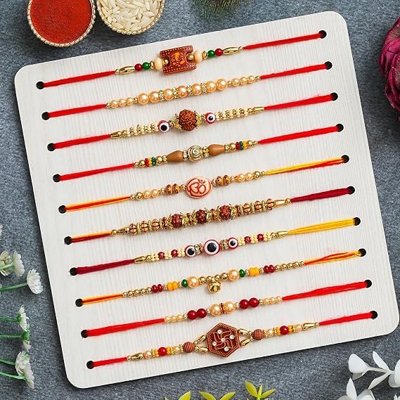 Image of Oblivion Rakhi for Brother - Multicolour Elegant Designer Dora Rakhi for Bhai with Silver Colour Coin, Tilak Set and Greeting Card - Traditional Raksha Bandhan Combo for Bhai