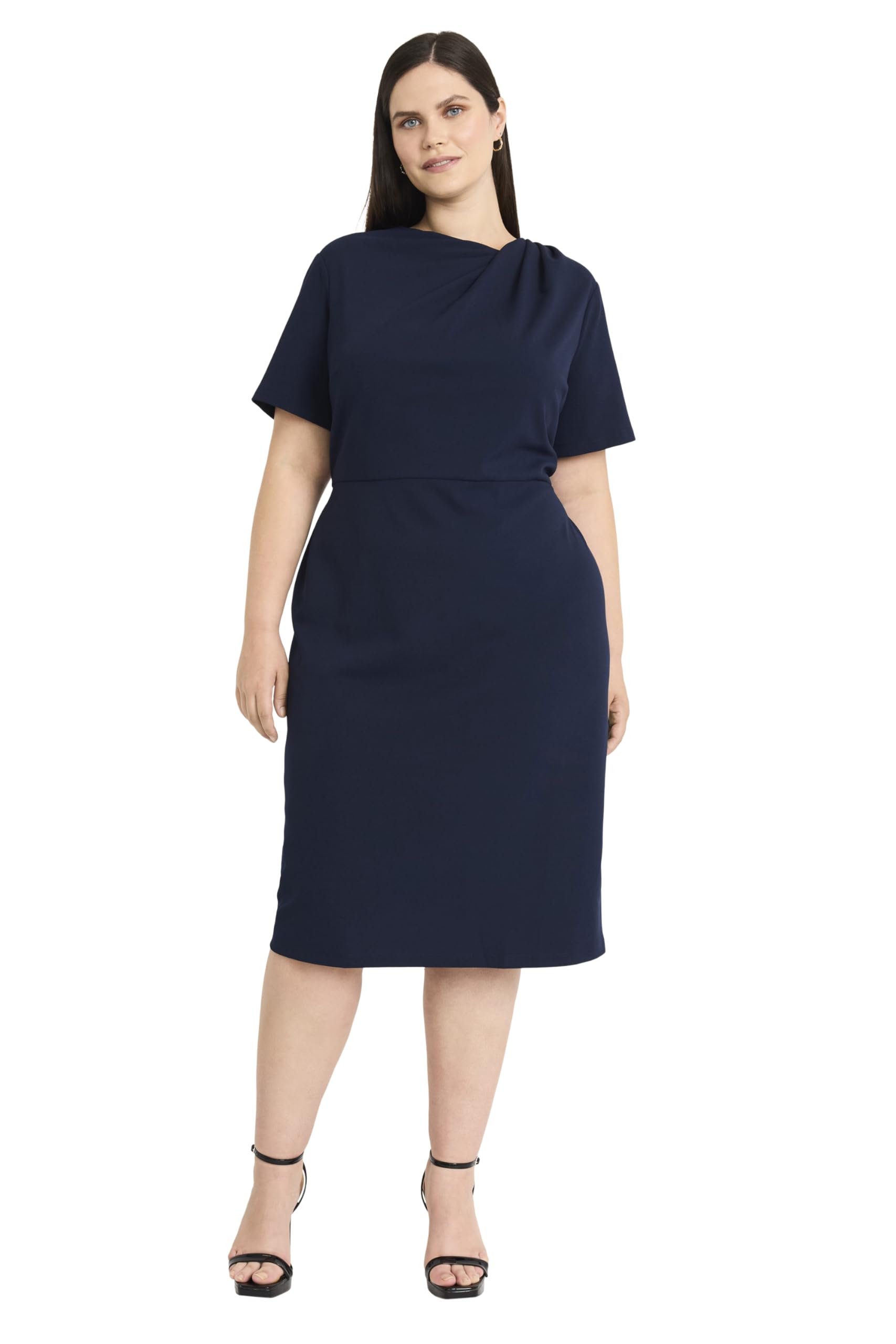 Maggy London Womens Chic Asymmetric Crew Neck Short Sleeve Below The Knee Womens Dresses