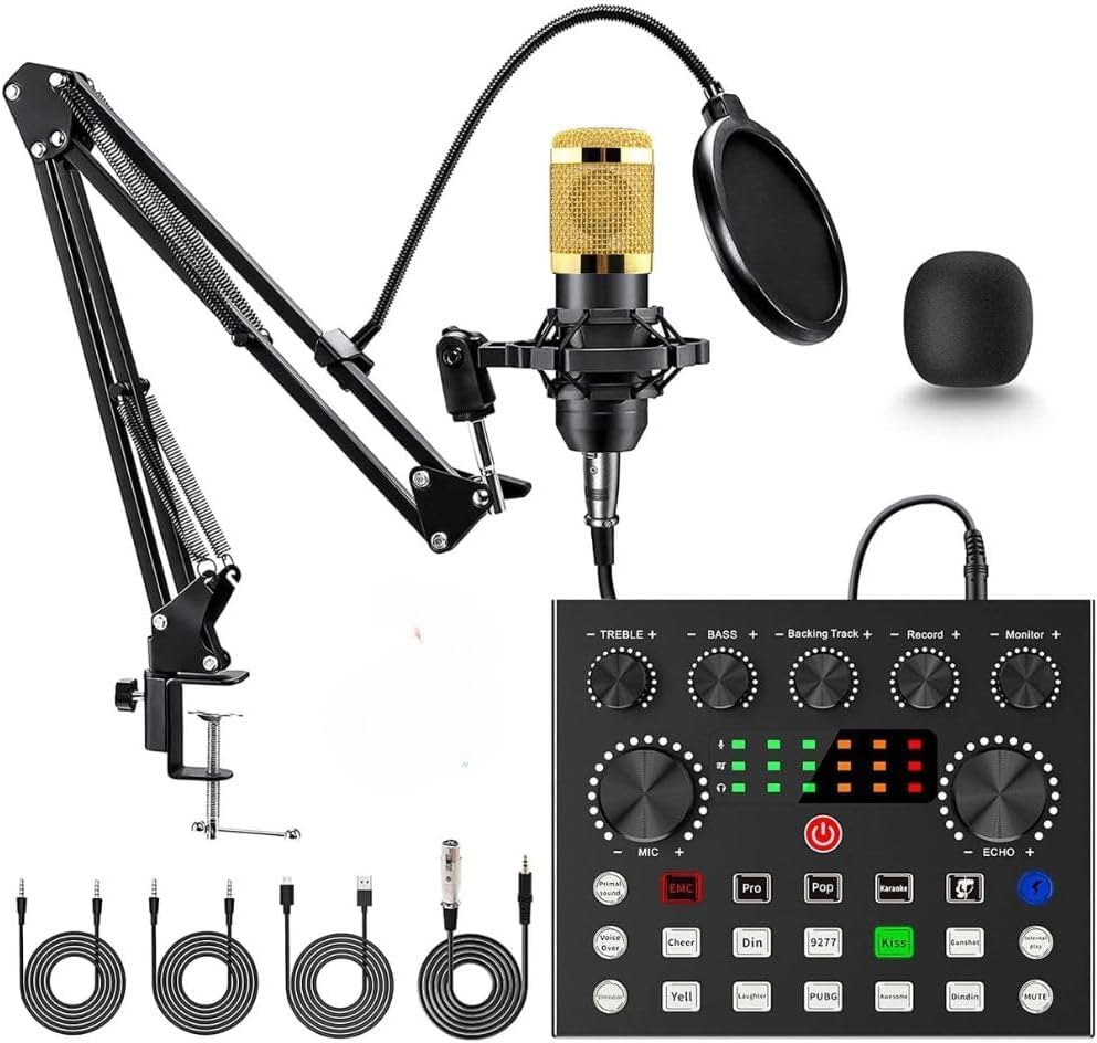 Condenser Microphone Setup with Sound Mixer | Boom Arm Stand,Pop Filter,XLR | Voice Changer Sound Card| Condenser Microphone Set for Singing Live Streaming,Podcast Studio Recording