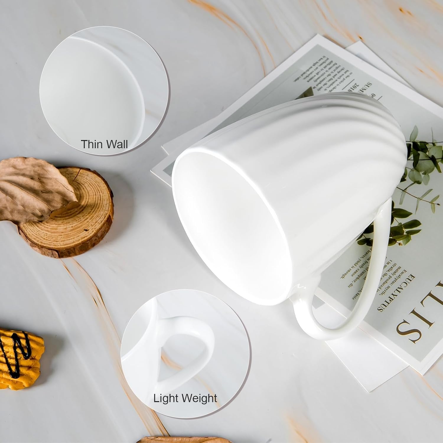 Fine Bone China White Coffee Mugs Set of 4 (12 oz), Ceramic Spiral Pattern Tea Cups, Thin China Coffee Cups, Lightweight Coffee Mugs for Hot Chocolate, Latte, Cappuccino - Image 4