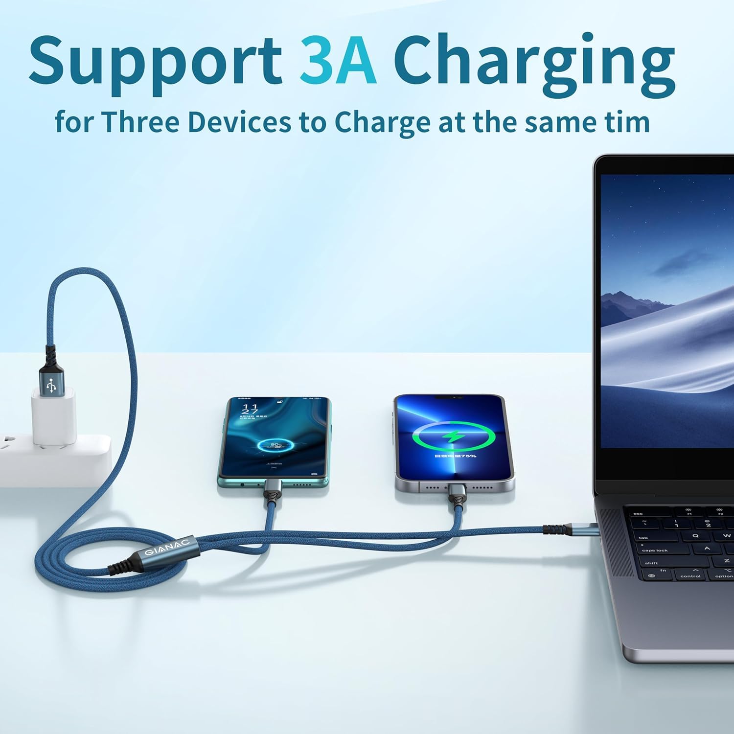 GIANAC Multi Cavo di Ricarica [3pack 2M] 3 in 1 Multiplo Cavetto con Micro USB Tipo C Lightning interfaccia Cavo USB di Ricarica USB per iPhone X/XS/XS,Huawei,Honor,MateBook,Xiaomi