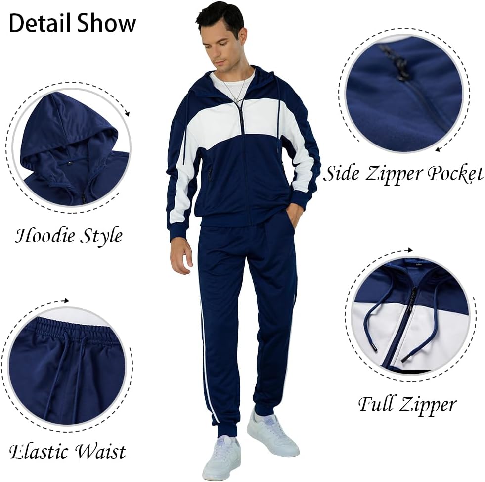 Men's Hooded Athletic Tracksuit Sweatsuit Long Sleeve Full-Zip Jogging Sweatpants 2 Piece Patchwork Sportsuits image 4