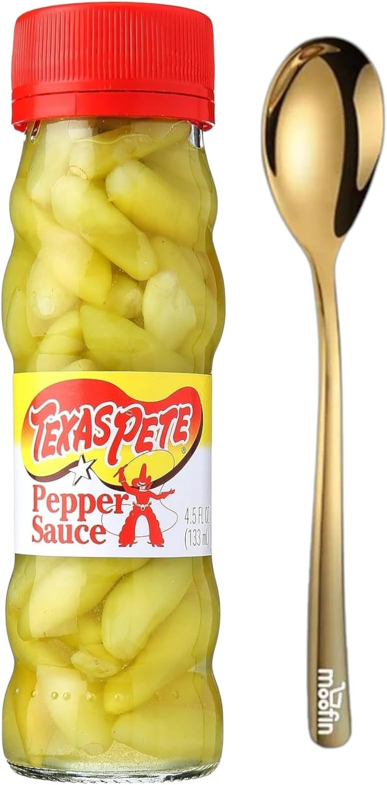Moofin Moofin Golden SS Spoon Bundle with Pepper Sauce, 4.5 oz, Pepper sauce in vinegar Authentic Flavorful Tabasco Peppers in Vinegar, Ideal for Beans, Salads, Mexican Meals, Premium Pepper Sauce, No Harmful Additives - Pack of 1