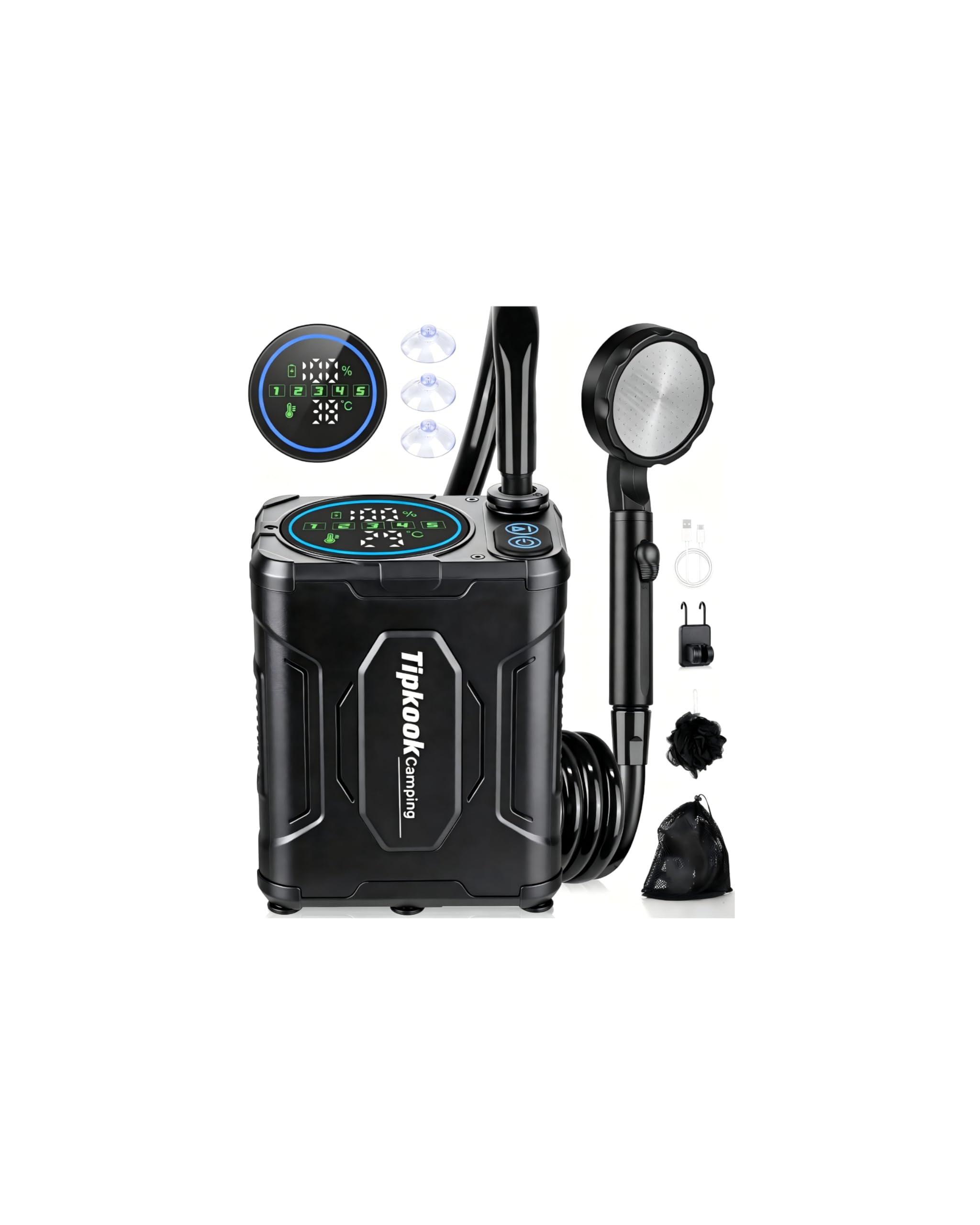 Tragbare Campingdusche mit 13000mAh EXTRA-LANGZEIT Akku, Mobile Outdoor Dusche mit Pumpe, Pausenfunktion & Temperaturanzeige für Mehrtägiges Camping, Mehrfache Tierwäsche & Langfristige Autowäsche