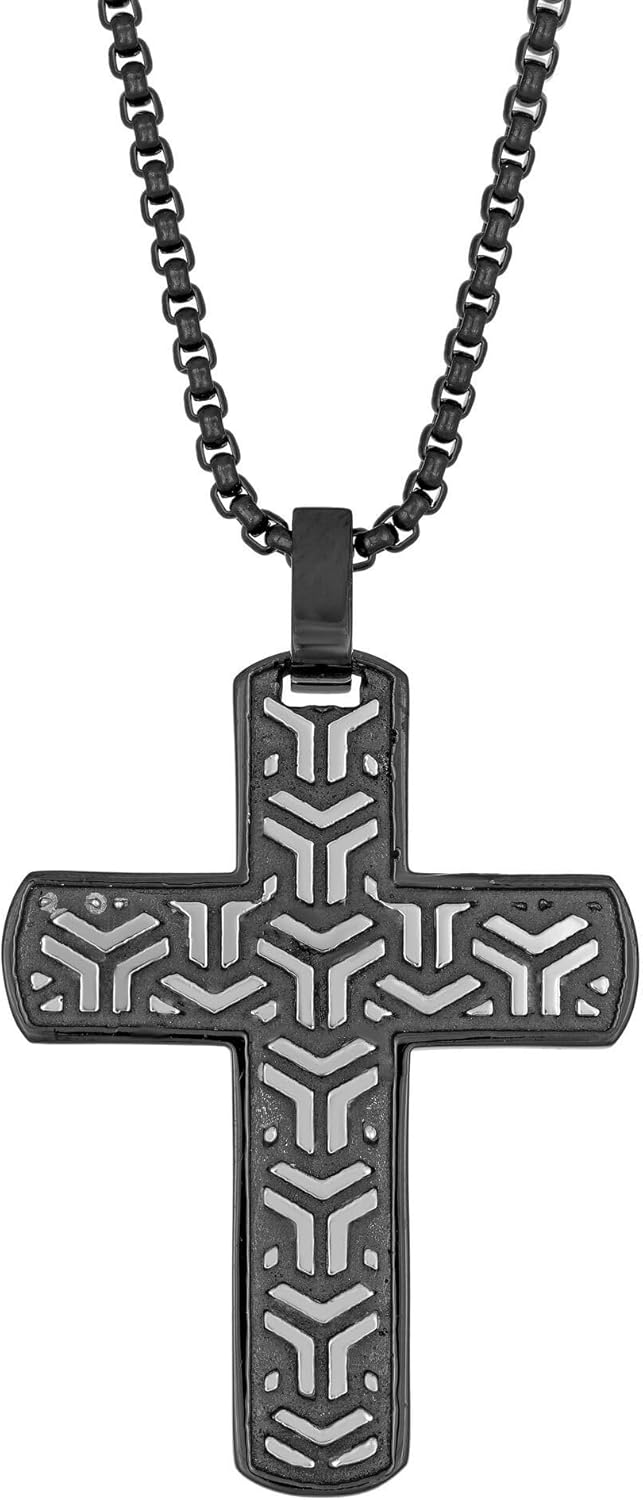 Metro Jewelry Contemporary Pattern Cross Pendant Necklace for Men in Stainless Steel with Black Ion Plating on 24 Inches Long Box Chain