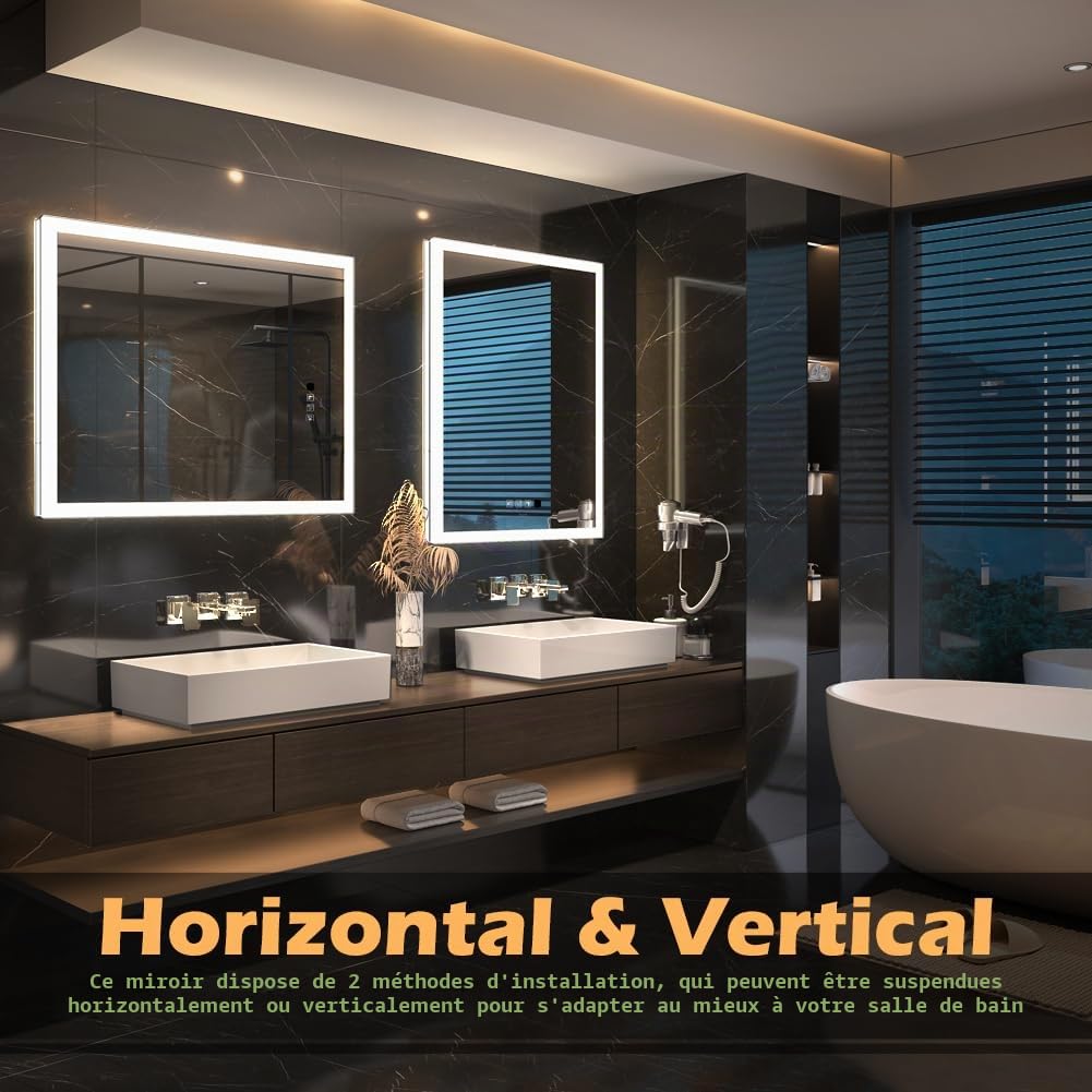 GANPE Miroir de Salle de Bain à LED avec détecteur de Mouvement et Bluetooth, éclairage à intensité Variable, Montage Mural, Anti-buée IP44, étanche à la Verticale et Horizontale (70_x_90_cm)