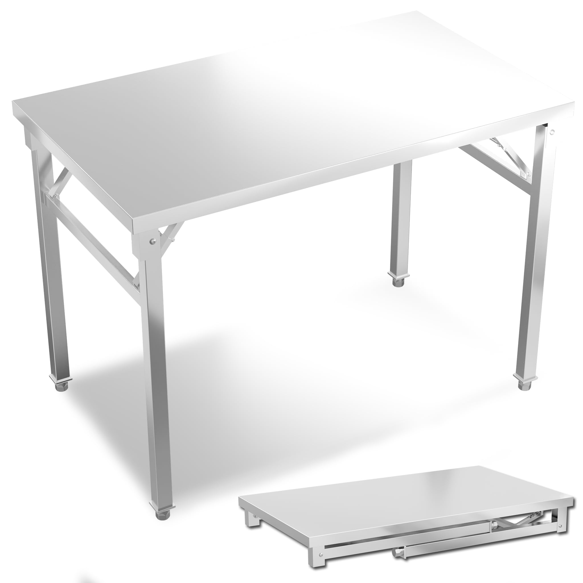 Edelstahl Klappbar Arbeitstisch Metalltisch Edelstahl Arbeitsplatte Bis 300KG Küchentisch Klapptisch Serviertisch Grilltisch mit höhenverstellbaren Füßen - 120x60x85cm
