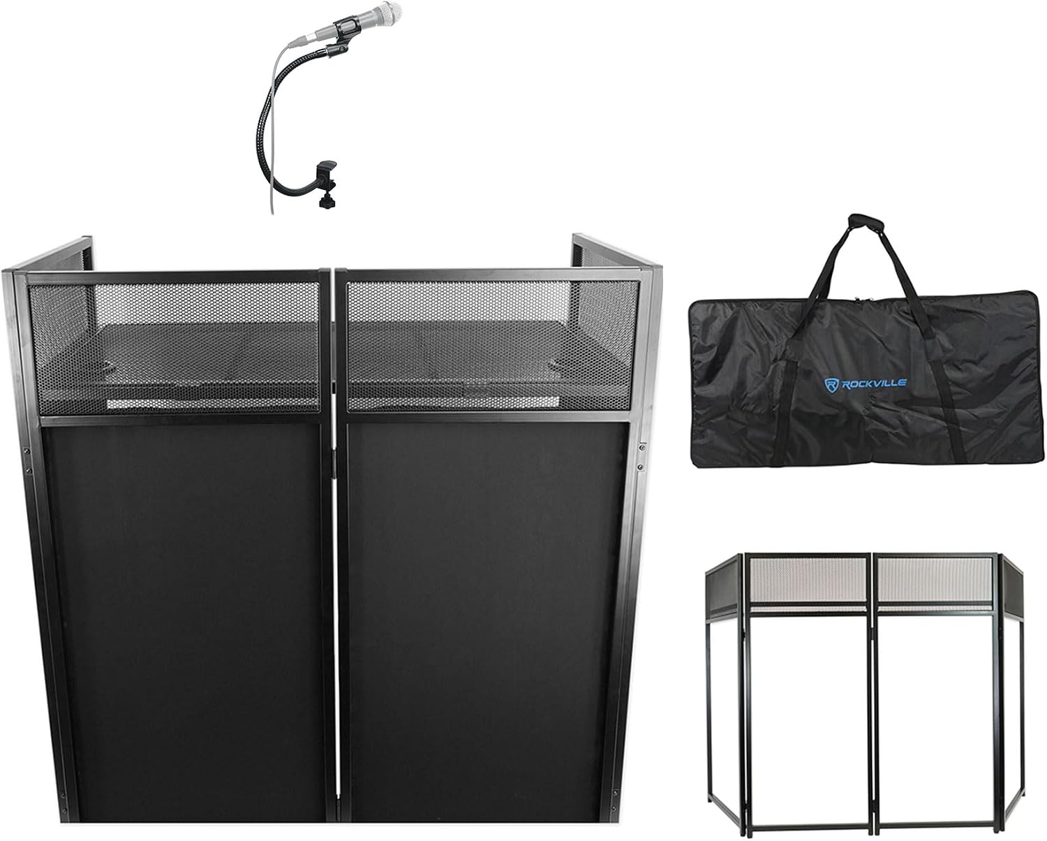 Rockville ROCKBOOTH XL Bundle: DJ Event Booth Facade w/Built-in Table, Travel Bag, 8 Scrims (4 black + 4 white), GN20 20" Gooseneck Microphone Stand, 2-items