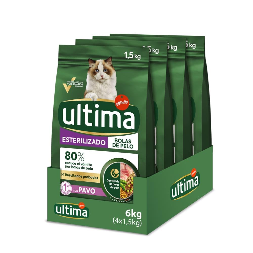 Ultima Esterilizado Bolas de pelo Pavo, Comida seca para gatos, Pack de 4 x 1,5kg, Total 6kg
