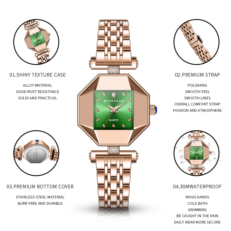 Image of Giordano Dress Watch for Women - Rose Gold Finish, Diamond Accented Octagonal Dial & Stainless Steel Strap