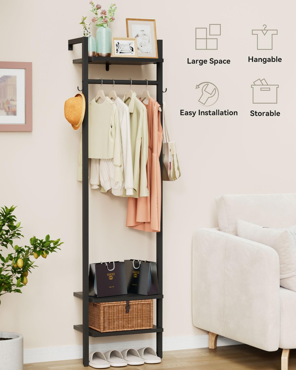 YMYNY Wandgarderoben mit Ablage, Garderobenständer, 180CM Kleiderständer, Freistehender hoher Schrankorganizer, Industrieller für Kleidung, Flur, Schlafzimmer, Schwarz HGR003B