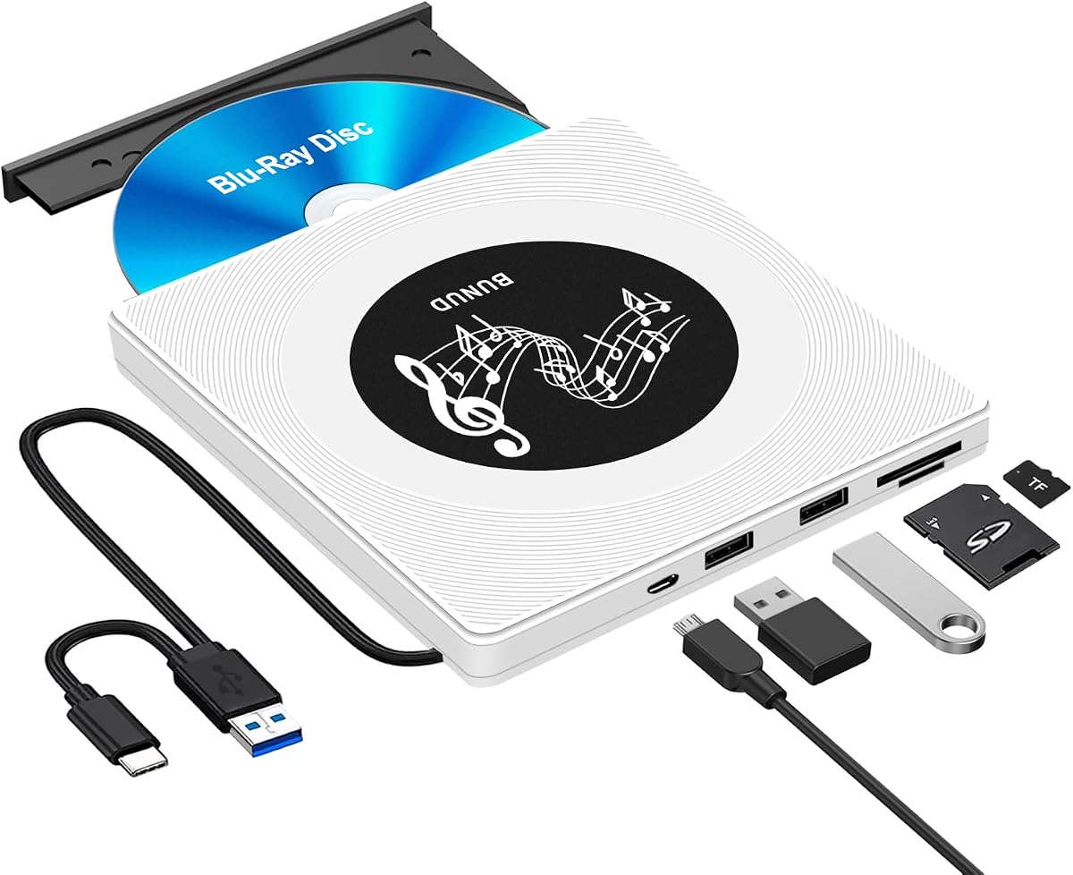 BUNUD Externes Blu Ray Laufwerk, USB 3.0 Bluray Brenner Extern USB C Externe Blu-ray Laufwerk mit 2 USB & SD/TF Slots, Externe Bluray laufwerke für PC Laptop Windows 11/10 Mac MacBook