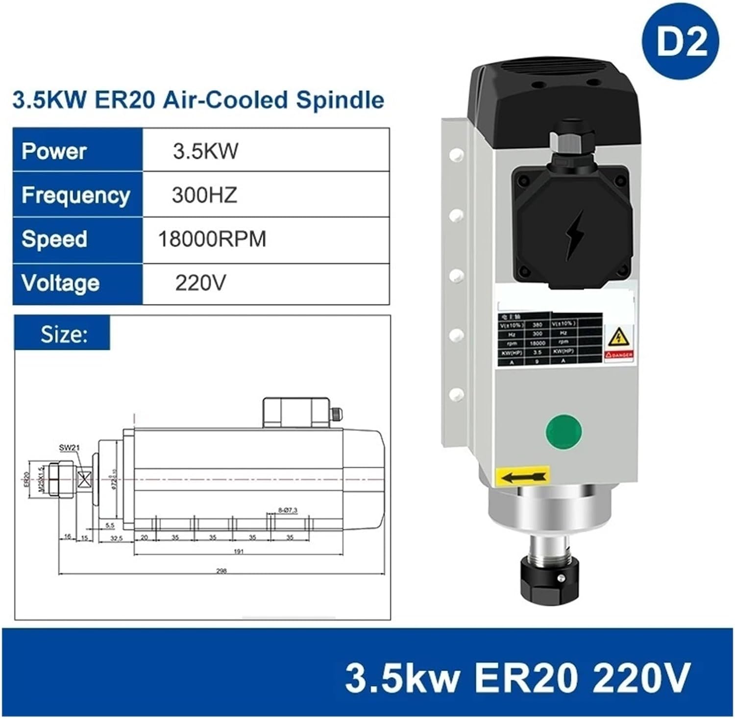 2.2/3.5KW air-cooled square spindle motor 220V 380V 18000rpm 300Hz 4 bearings(D2 3.5kw ER20 220V)