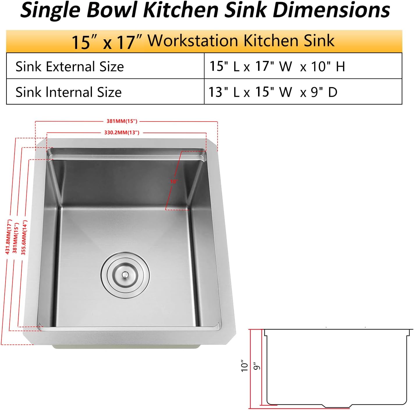 Undermount Bar Sink, 16 Gauge 304S Stainless Steel Workstaion Sink with Accessories, 15" x 17" x 10" Small Kitchen SinkS for Outdoor, RV,Prep Sink, Bathroom and Wet Bar