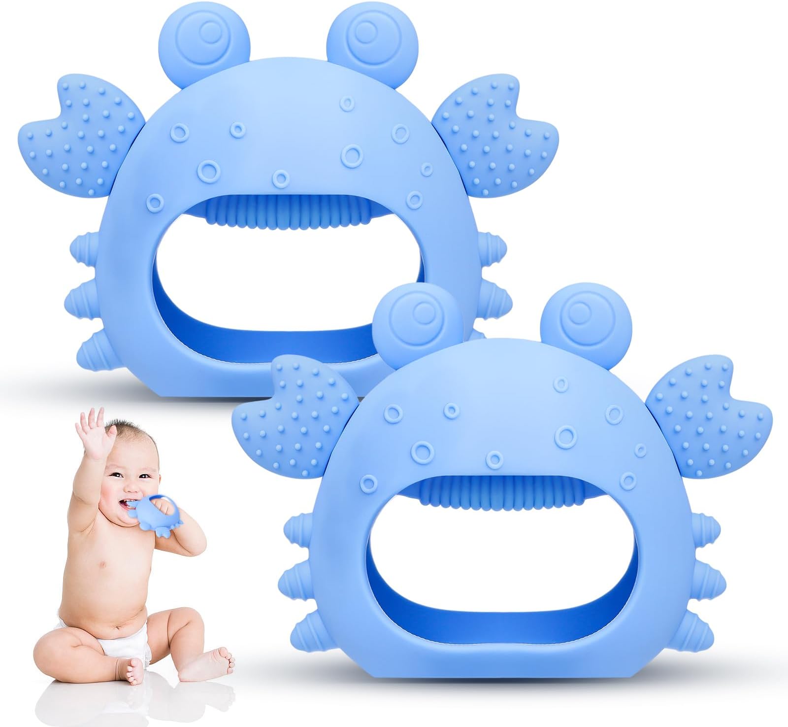 Anboor 2 Pack Baby Teething Toys, Silicone Teethers for Babies 0-6 Months Anti Dropping Hand Teether, Infant Baby Chew Toys for Teething Relief, for Newborn Soon-to-be Mothers (Blue,Crab)