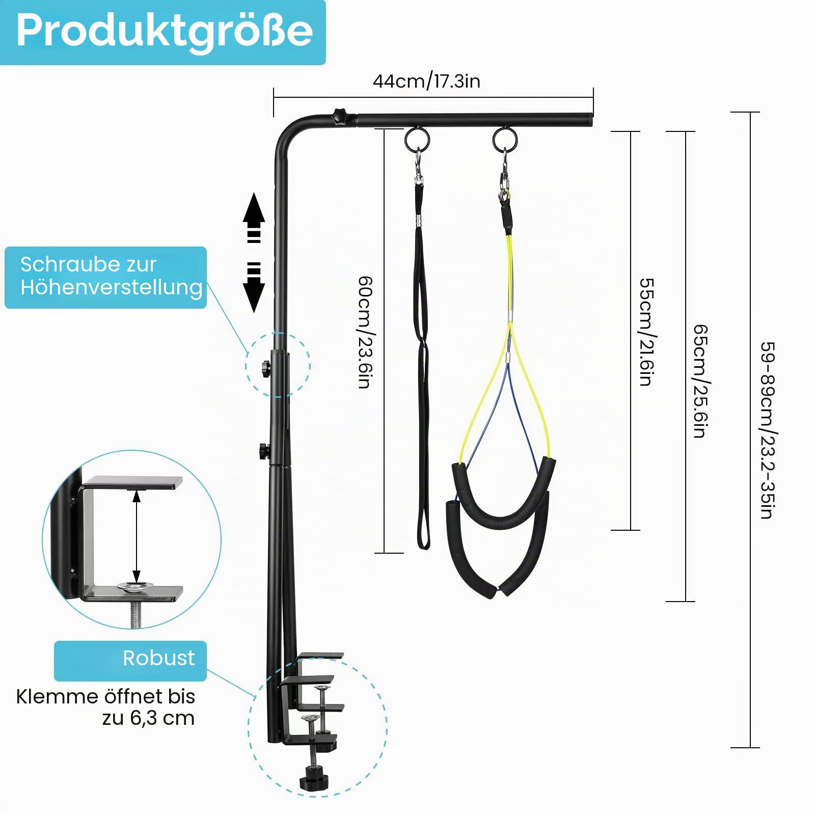 Hundepflegearm mit Doppelklemme - Höhenverstellbar (49-74 cm) Hundezubehör für Hunde - inkl. Schlaufe & Nicht Sitzenden Haunch-Halter - für Baden, Föhnen, Fellpflege & Krallenpflege bei Hunden | Hundepflege-Arm, Fellpflegeschlaufe und kein Sitz-Halter
