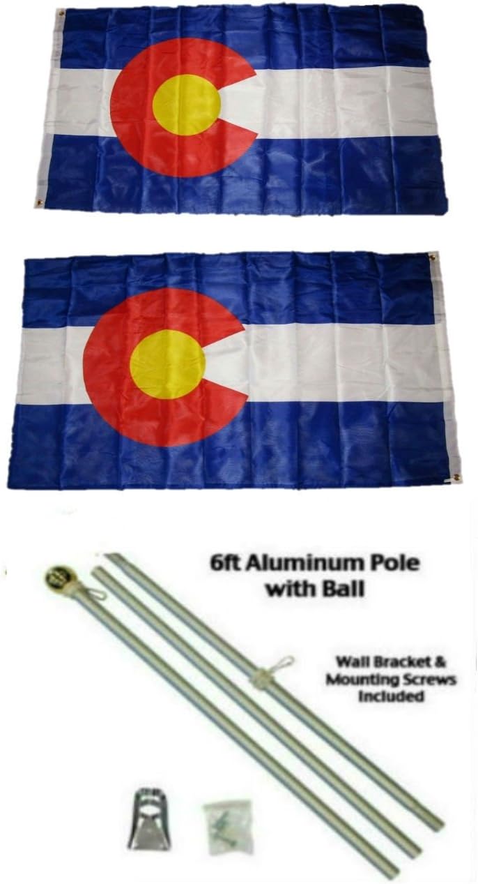 AES State of Colorado 3'x5' Polyester 2 Ply Double Sided Flag with 6' Aluminum Flag Pole Kit with Gold Colored Ball Topper