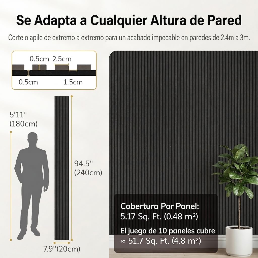 TONOR Paneles acústicos de madera, 10 unidades, 240 x 20 cm, 4,8 m², paneles de pared de madera para insonorización, decoración de pared de láminas de madera, aislamiento acústico, para estudio, salón