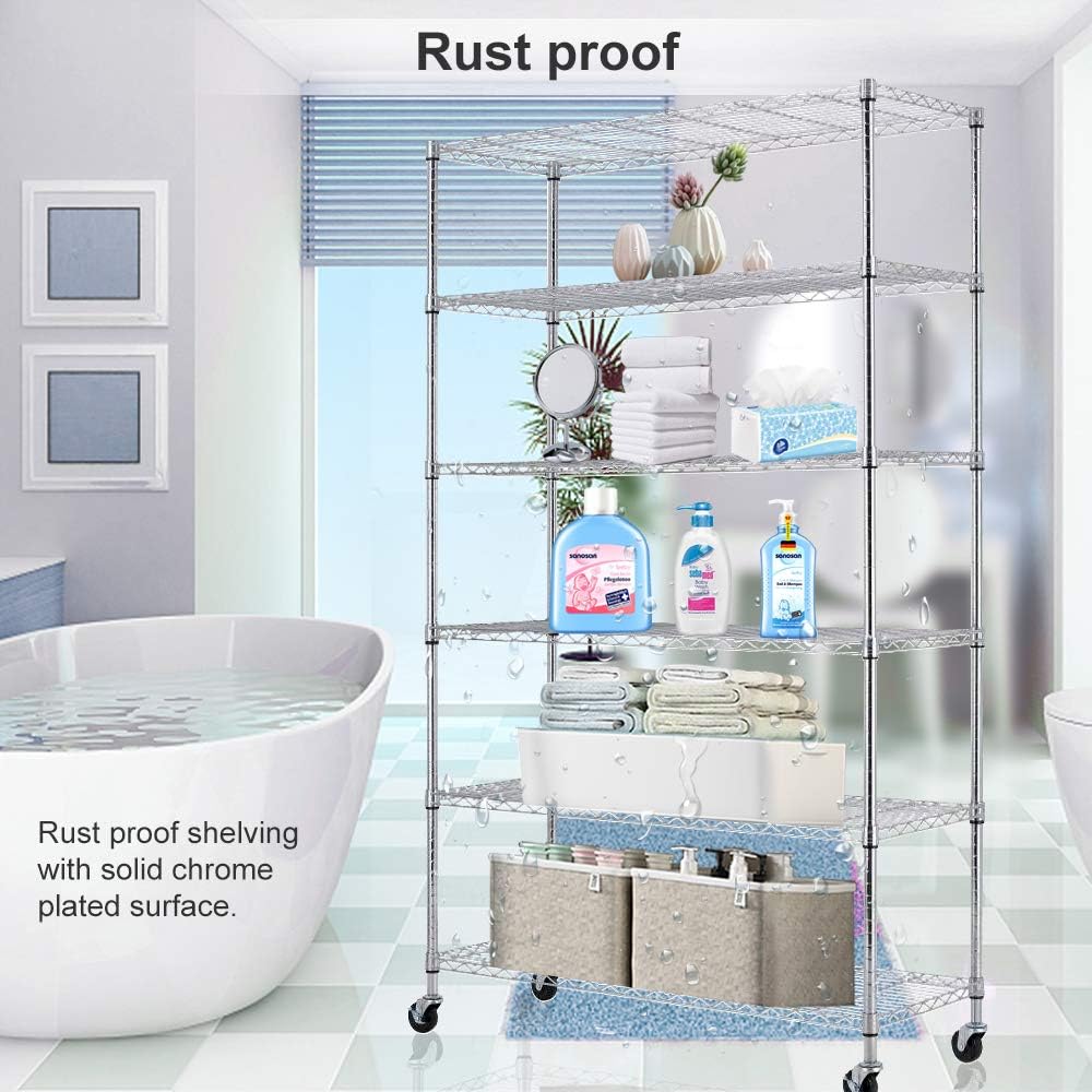 6 Tier Wire Shelving Unit Rack NSF Heavy Duty Height Adjustable Storage Shelf Metal Shelving with Wheels/Feet Levelers Garage Kitchen Office Commercial Shelving - Chrome - 45x18x82