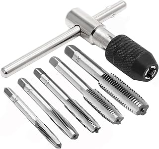 YWHWXB 6 Piece Tap Wrench Tool Set,Adjustable T-Shape Handle Ratchet Tap Wrench,Machine Screw Thread Metric T-Shape Taps Wrench with M3 M4 M5 M6 M8 Taps for Aluminum Metal Plastic Wood