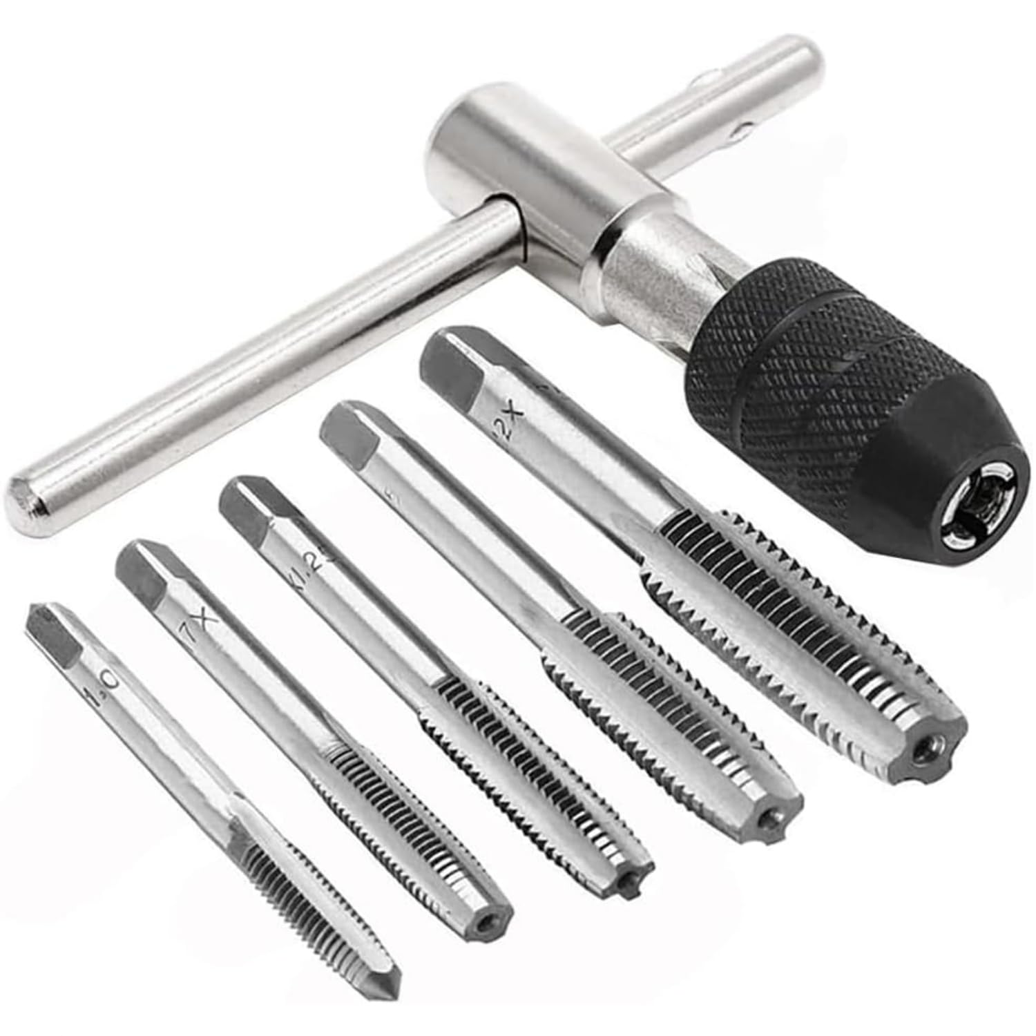 YWHWXB 6 Piece Tap Wrench Tool Set,Adjustable T-Shape Handle Ratchet Tap Wrench,Machine Screw Thread Metric T-Shape Taps Wrench with M3 M4 M5 M6 M8 Taps for Aluminum Metal Plastic Wood